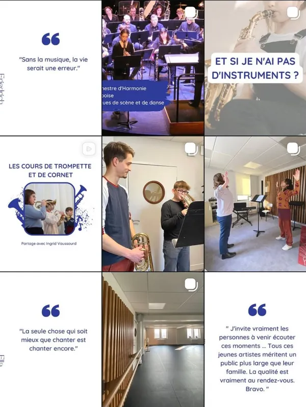 Extrait du feed Instagram du Pôle des arts : citations, cours de trompette et de chant aux couleurs de la charte graphique