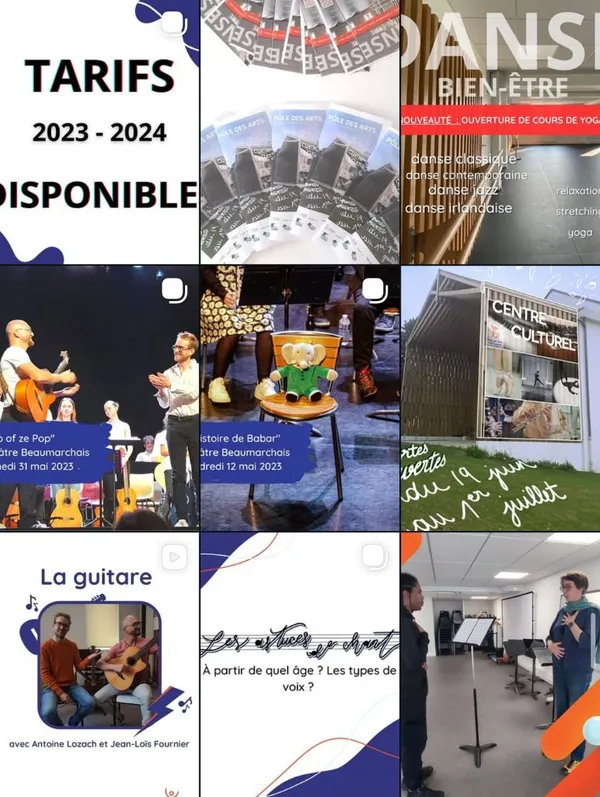 Extrait du feed Instagram du Pôle des arts : tarifs, danse bien-être, concerts et cours de guitare aux couleurs de la charte graphique